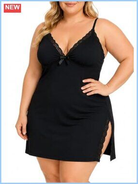 Plus Size Lace Modal Chemise Nightgown Babydoll Full Slip Sleepwear High Slit